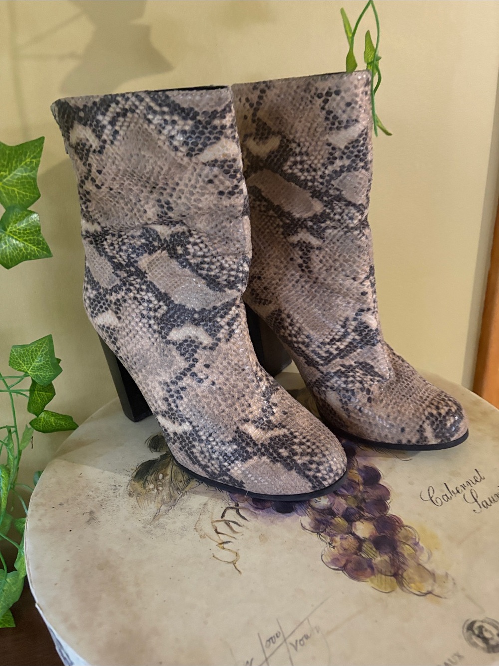 Snake-Print Women's Ankle Boots - Neutral Taupe, tones of light pink size 8